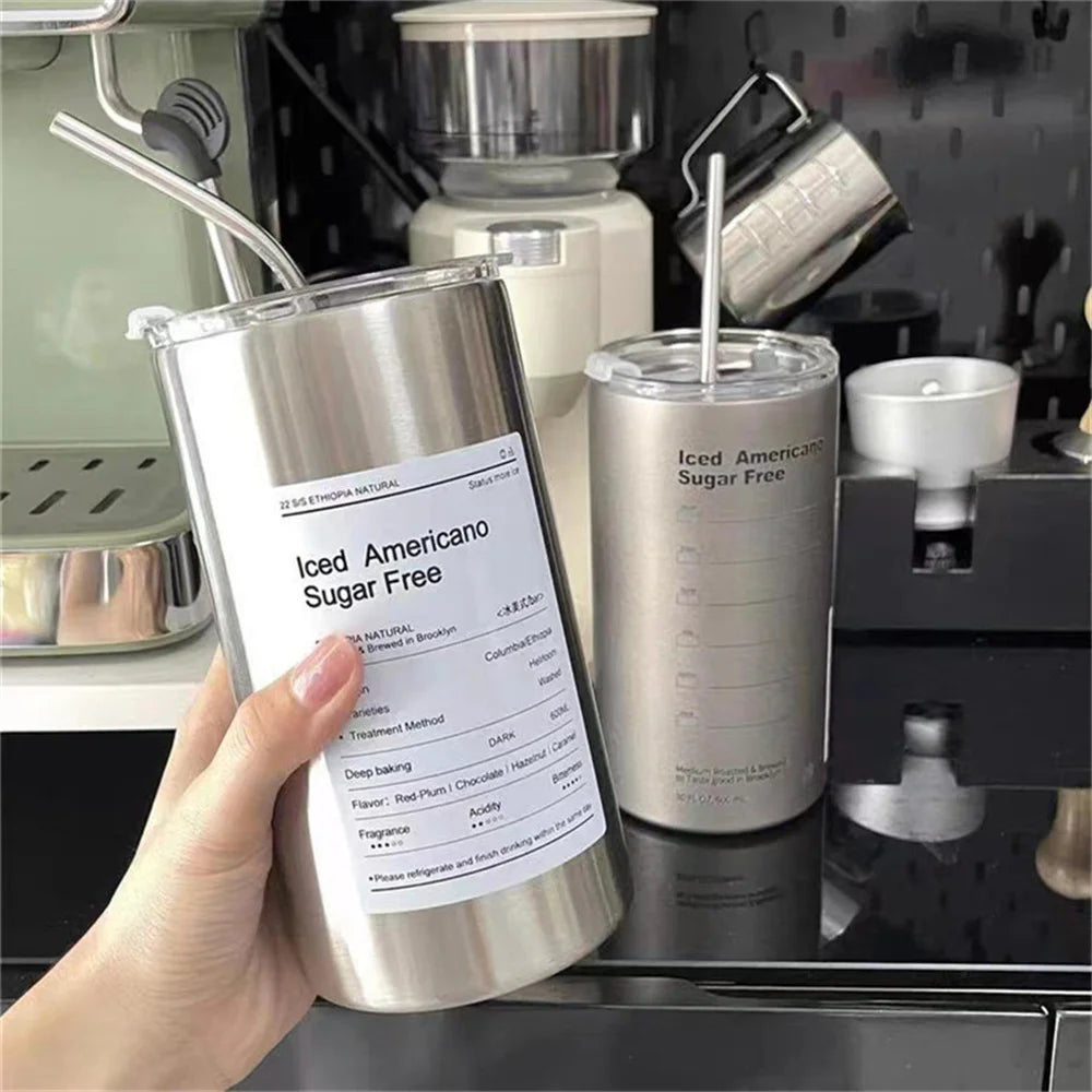 600ml Thermos Cup Portable 304 Stainless Steel Coffee Mug Thermal Leak-proof Water Bottle with Straw Insulated Bottle Drinkware