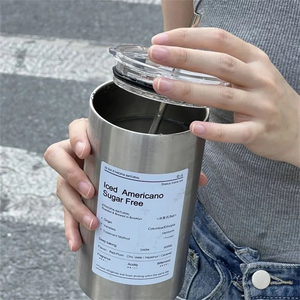 600ml Thermos Cup Portable 304 Stainless Steel Coffee Mug Thermal Leak-proof Water Bottle with Straw Insulated Bottle Drinkware