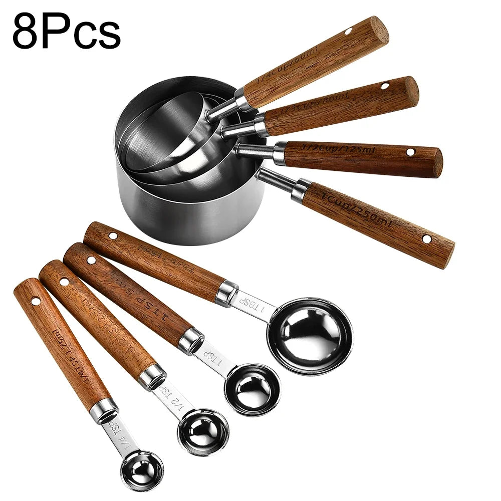 4/8Pcs Wooden Handle  Measuring Cups Spoons