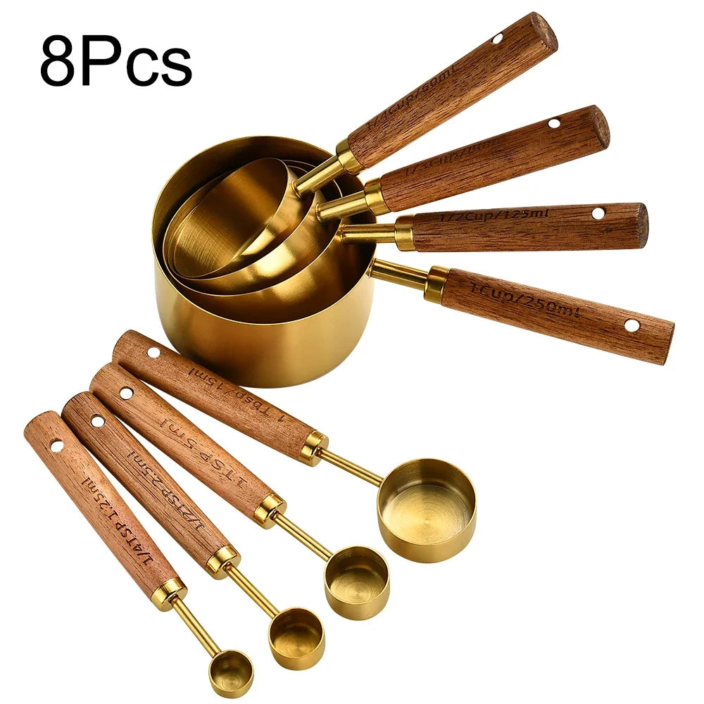 4/8Pcs Wooden Handle  Measuring Cups Spoons