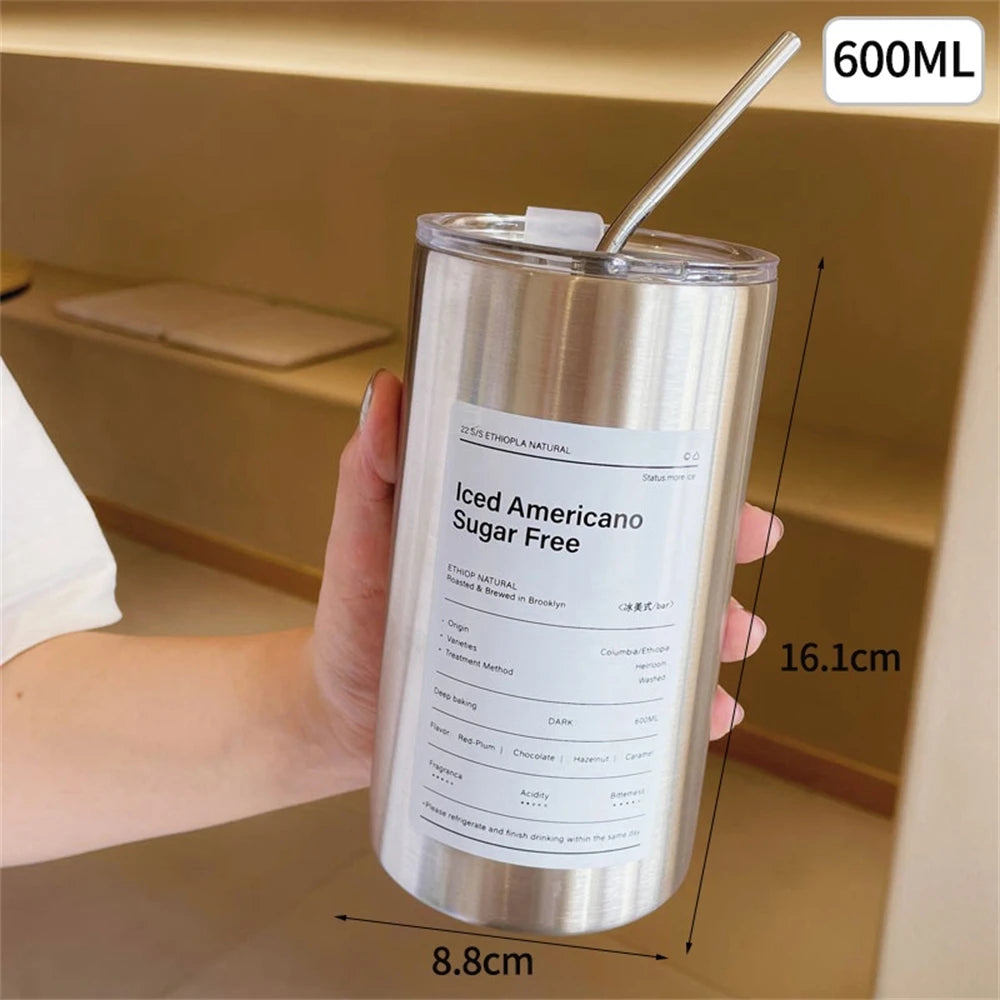 600ml Thermos Cup Portable 304 Stainless Steel Coffee Mug Thermal Leak-proof Water Bottle with Straw Insulated Bottle Drinkware