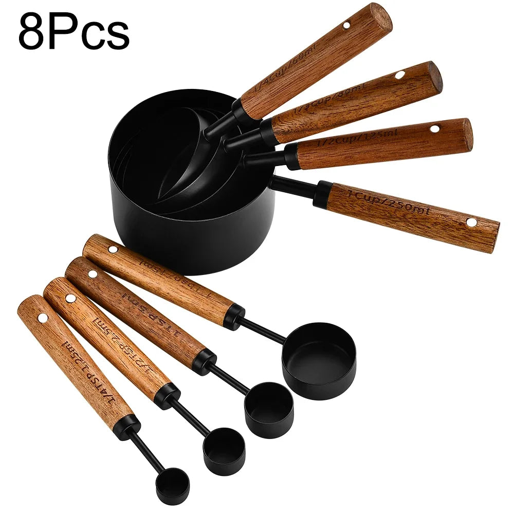 4/8Pcs Wooden Handle  Measuring Cups Spoons