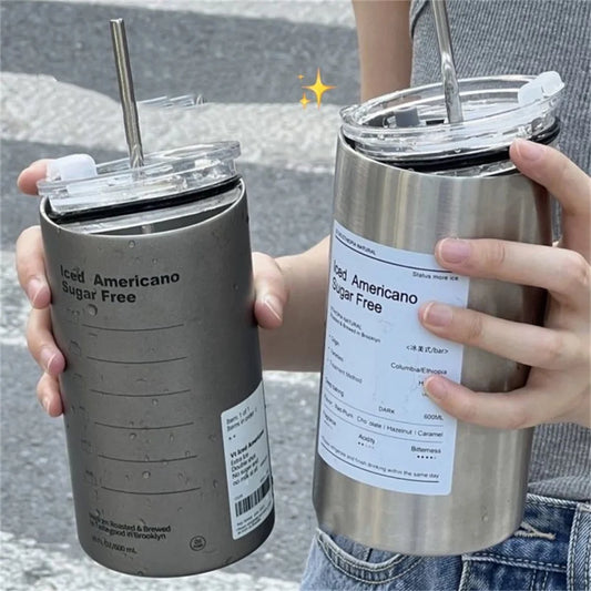 600ml Thermos Cup Portable 304 Stainless Steel Coffee Mug Thermal Leak-proof Water Bottle with Straw Insulated Bottle Drinkware