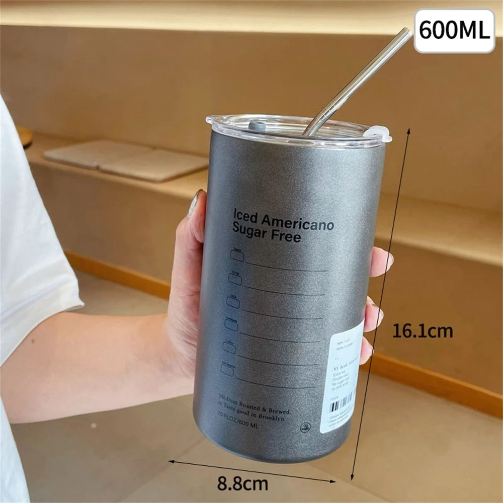 600ml Thermos Cup Portable 304 Stainless Steel Coffee Mug Thermal Leak-proof Water Bottle with Straw Insulated Bottle Drinkware