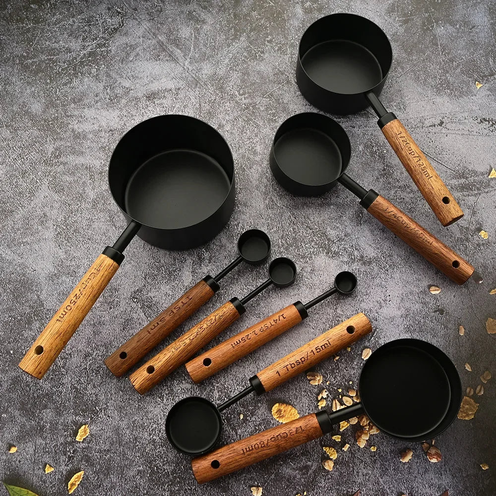 4/8Pcs Wooden Handle  Measuring Cups Spoons